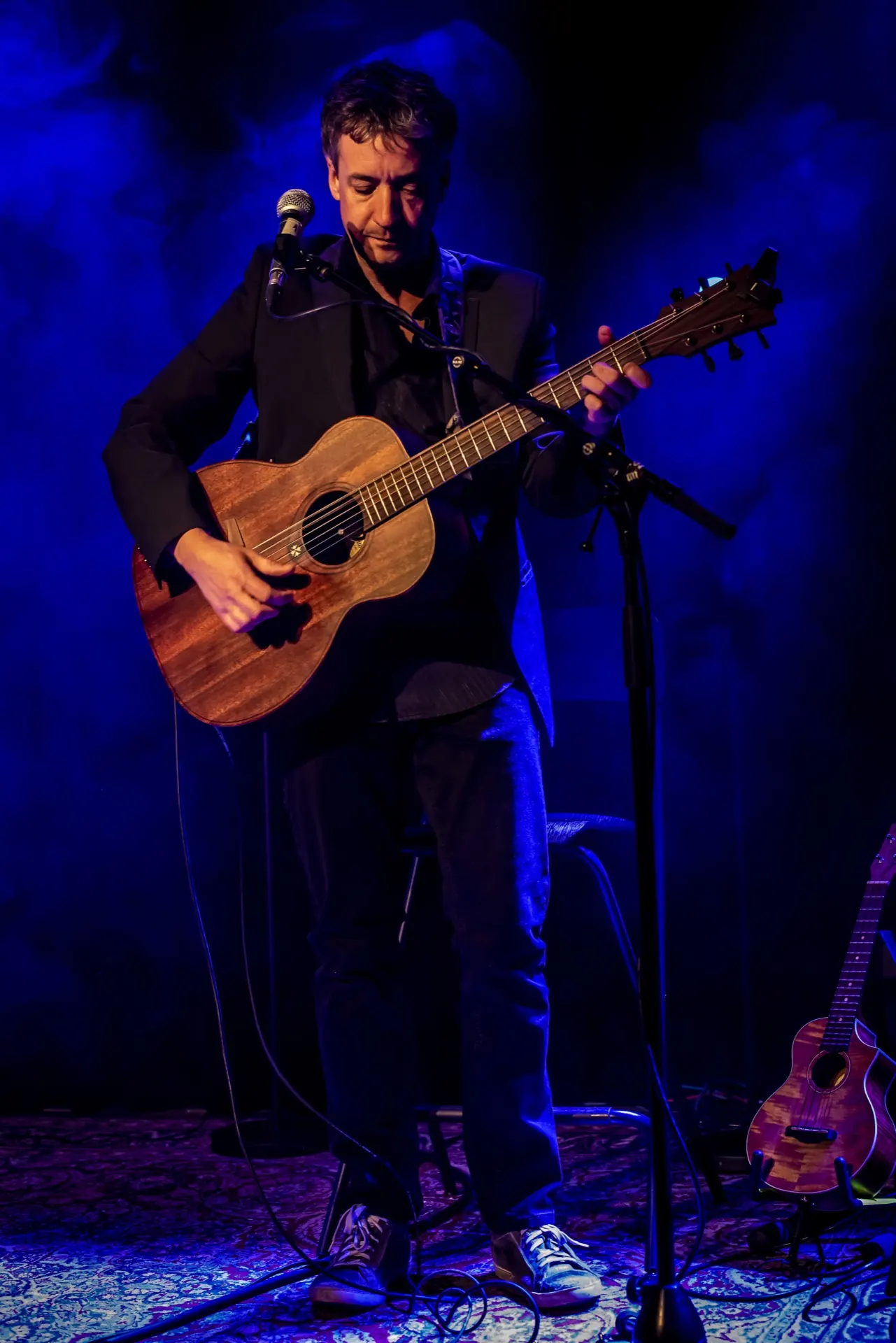 Concerts — Guitariste acoustique au chant, veste noire, sous une lumière bleue et fumée de scène.